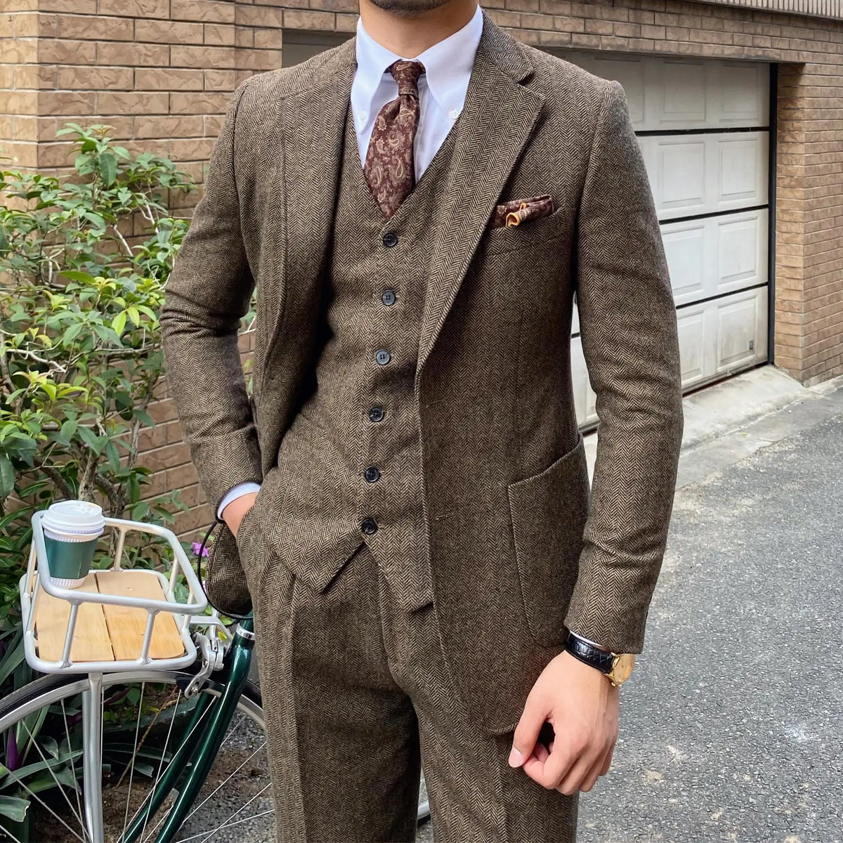 New Retro Herringbone Slim Fit Men's Suit Gentlemen's 3-piece Suit Single Breasted Handsome Autumn Winter Business Casual Formal