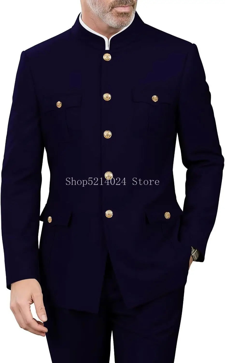 2 Pieces Mandarin Collar Safari Suits for Men Chinese  Gold Button Jacket Pant Set Wedding Prom