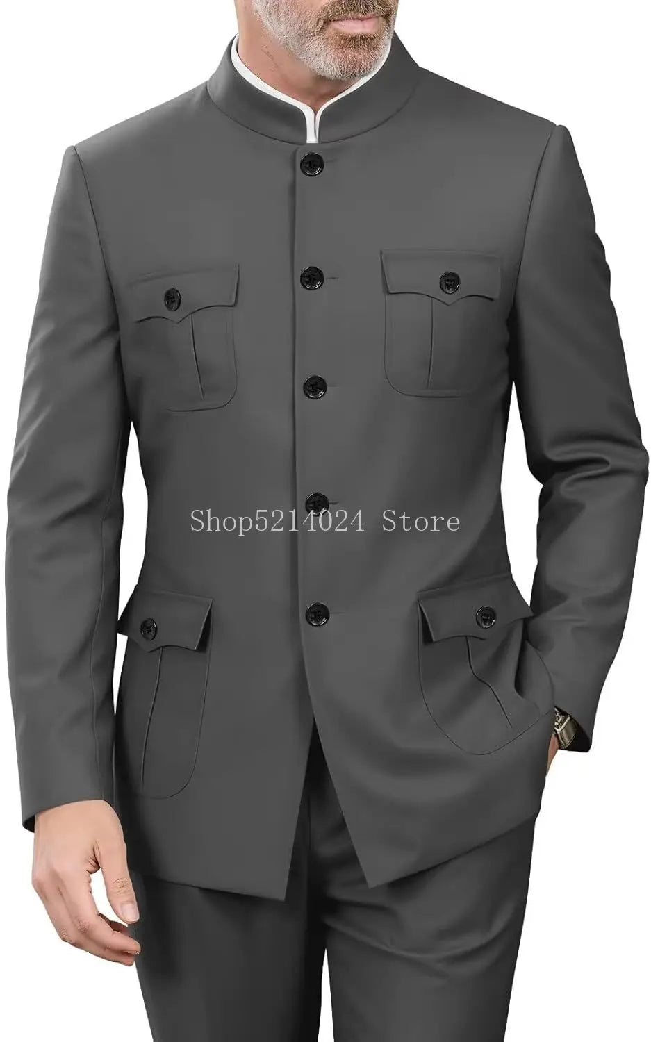 2 Pieces Mandarin Collar Safari Suits for Men Chinese  Gold Button Jacket Pant Set Wedding Prom