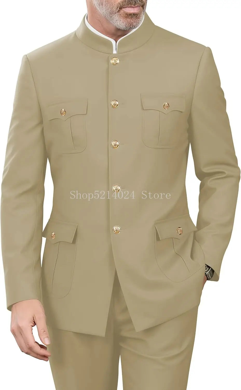 2 Pieces Mandarin Collar Safari Suits for Men Chinese  Gold Button Jacket Pant Set Wedding Prom