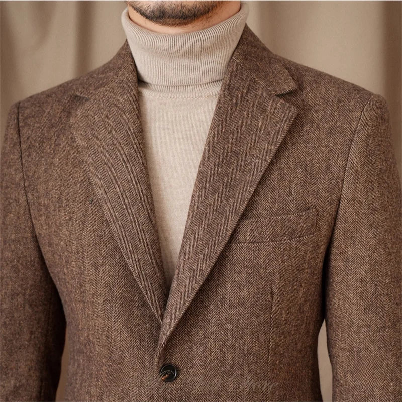 Classic Italian Men's Suit Jacket, Single Breasted, Autumn Winter Retro Warm Suit Men Herringbone Business Casual Men's Clothing