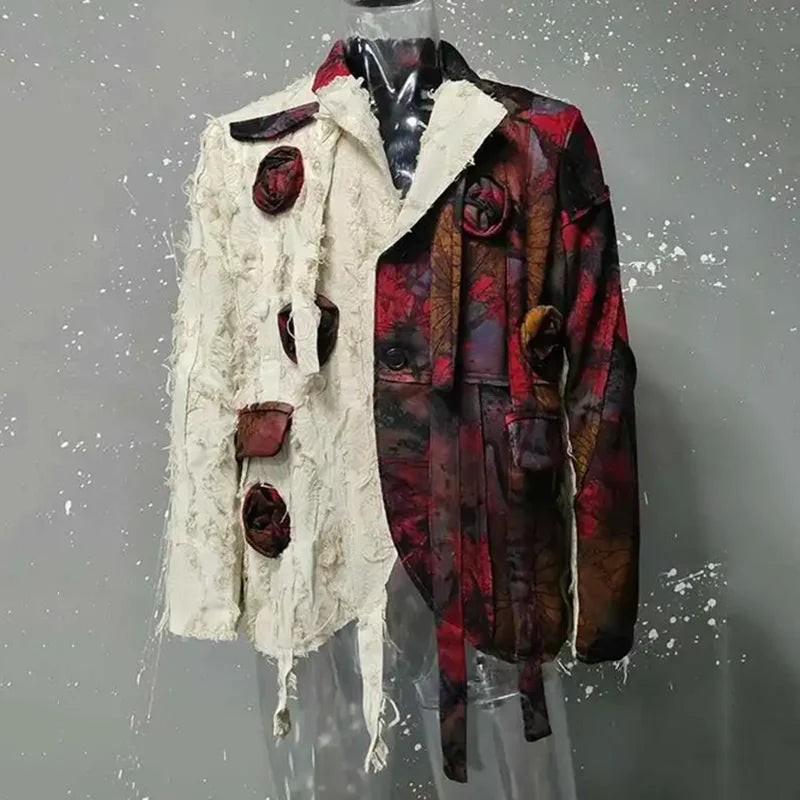 PFHQ Design Silhouette Suit Jacket Autumn 2024 New Loose Slimming Splicin Knitted Red Flowers Contrast Color Male Tops