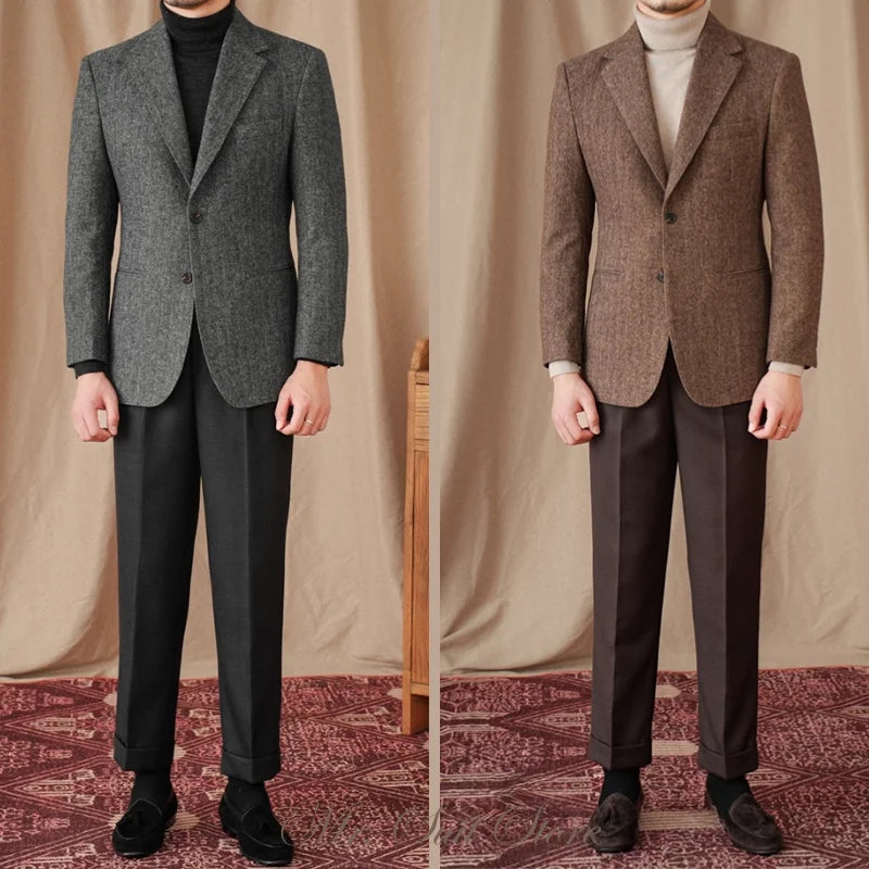 Classic Italian Men's Suit Jacket, Single Breasted, Autumn Winter Retro Warm Suit Men Herringbone Business Casual Men's Clothing