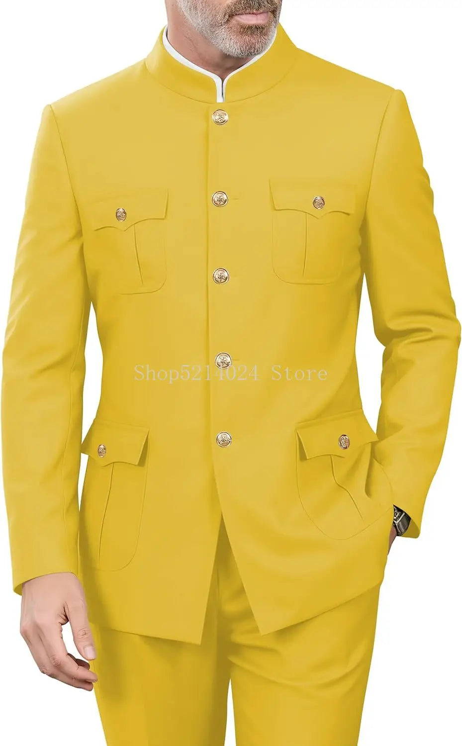 2 Pieces Mandarin Collar Safari Suits for Men Chinese  Gold Button Jacket Pant Set Wedding Prom