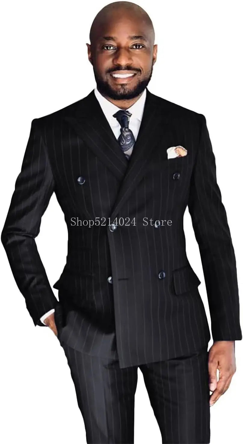 Men's Pinstripe Suit 2-Piece Set Double Breasted Business Casual Wedding Party Suit